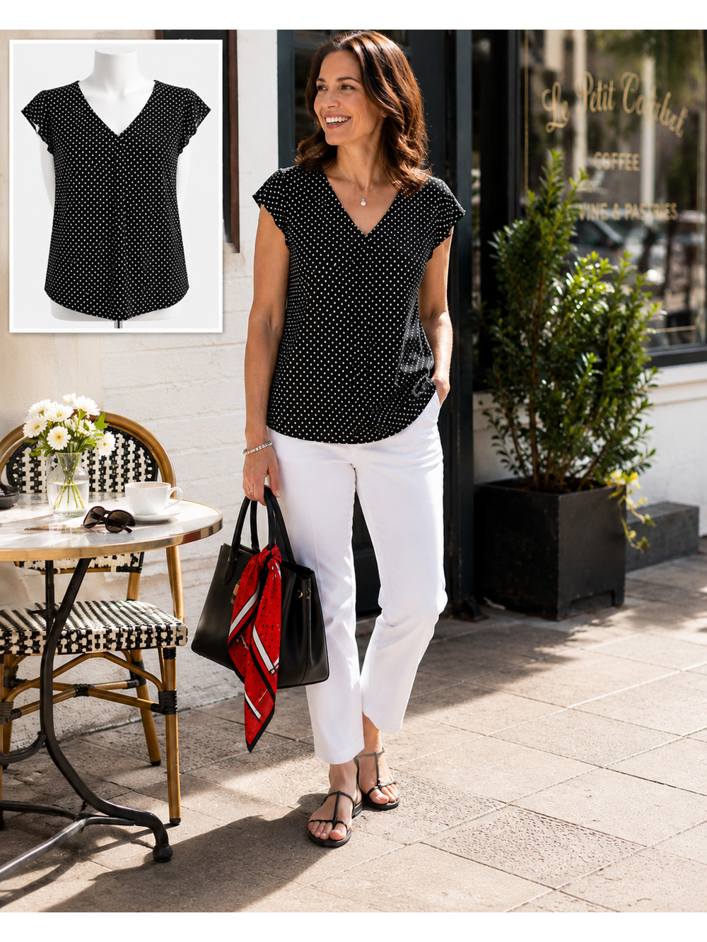 Philosophy Women Black and White Polka Dot Flutter Sleeve Top Size Small